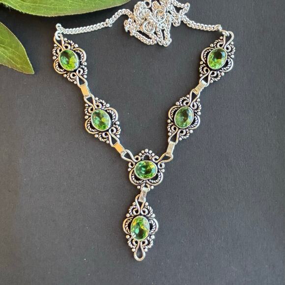 925 Silver Faceted Peridot Necklace 22" - Picture 1 of 6